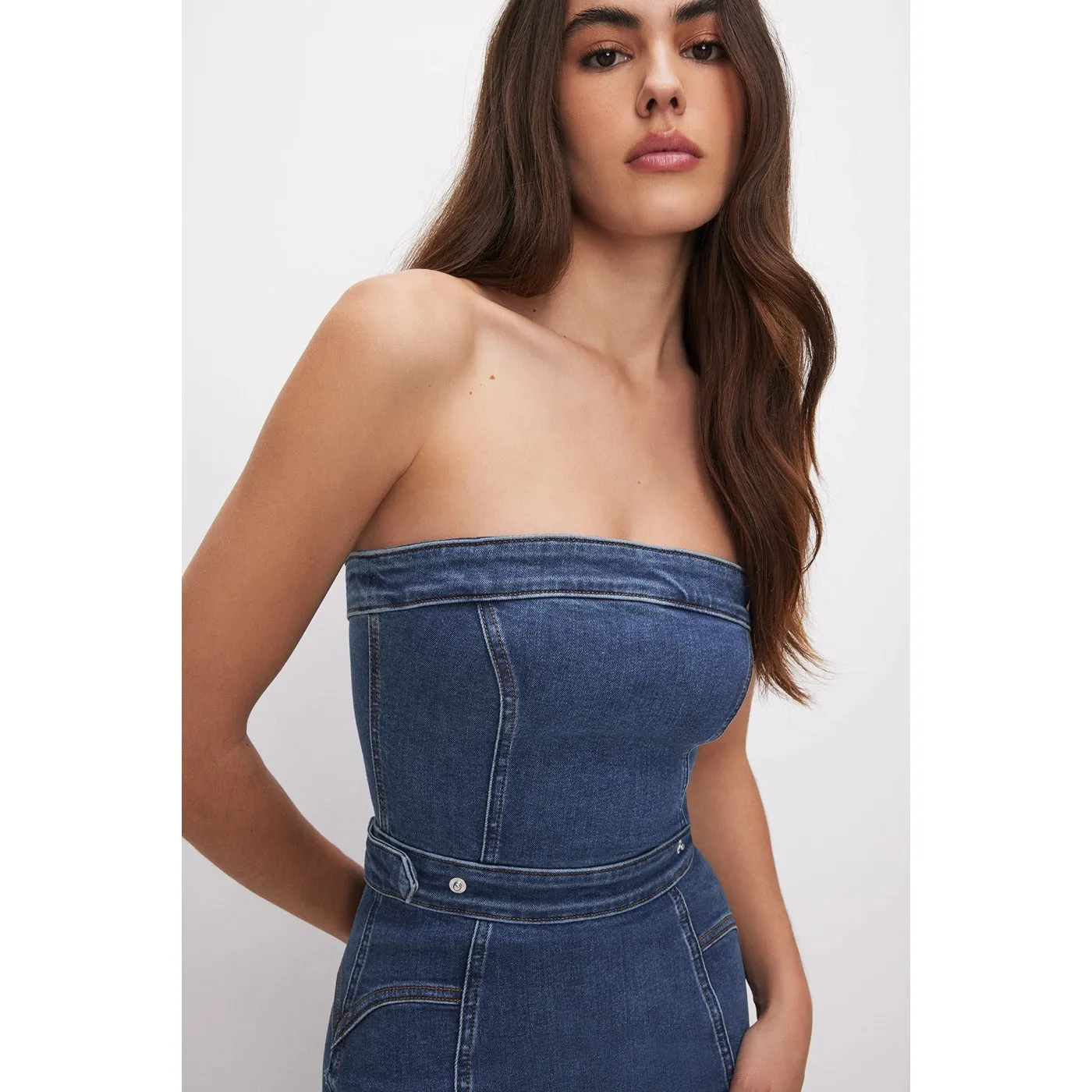 Blue Denim Tube Midi Dress