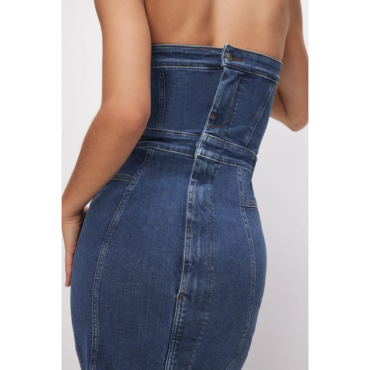 Blue Denim Tube Midi Dress