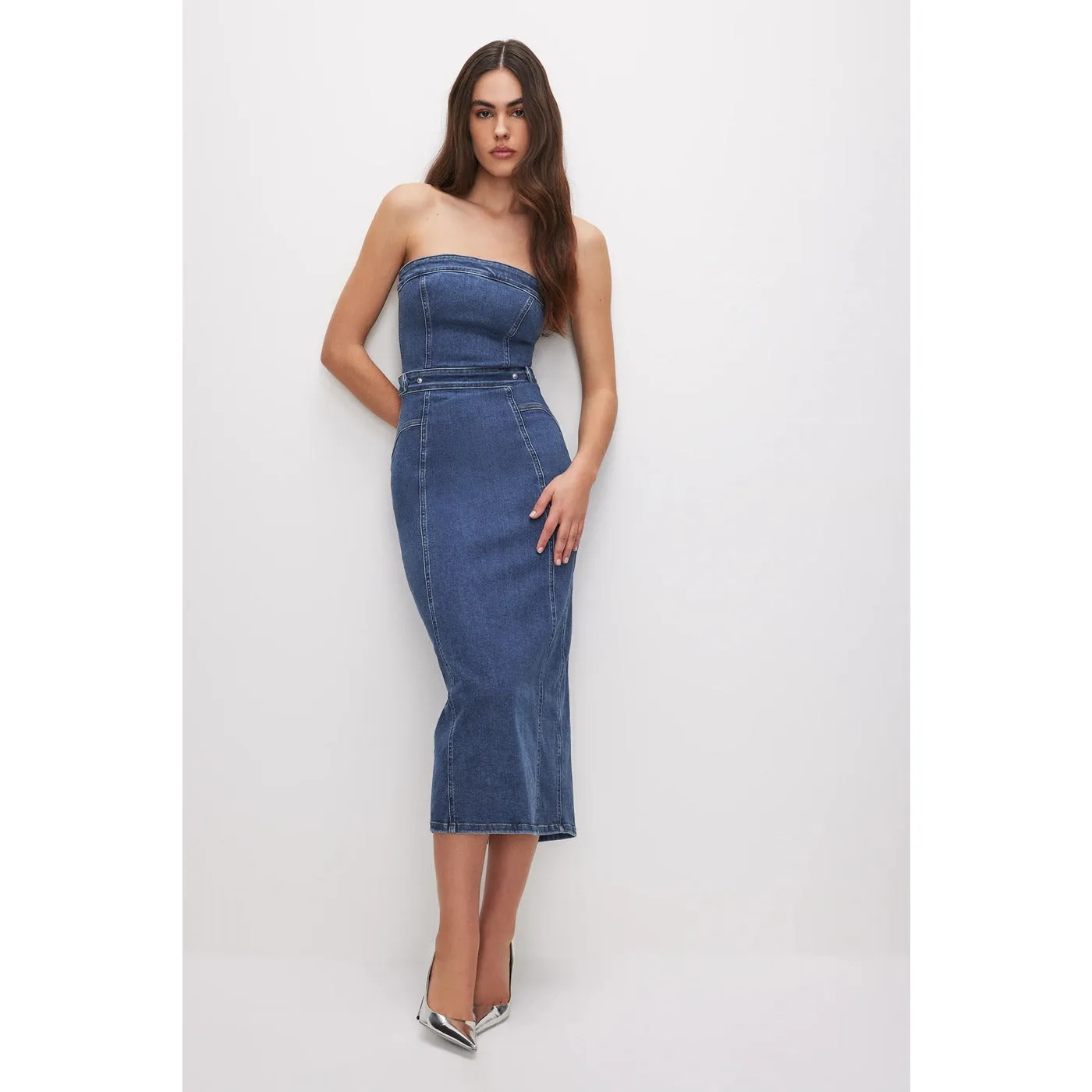 Blue Denim Tube Midi Dress