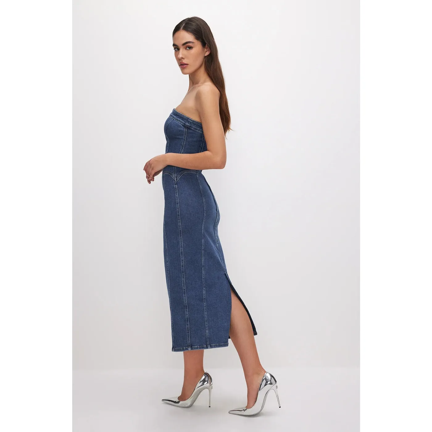 Blue Denim Tube Midi Dress