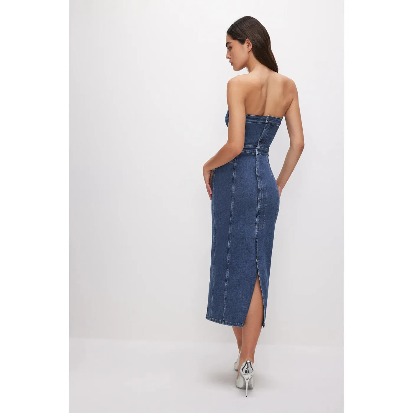 Blue Denim Tube Midi Dress