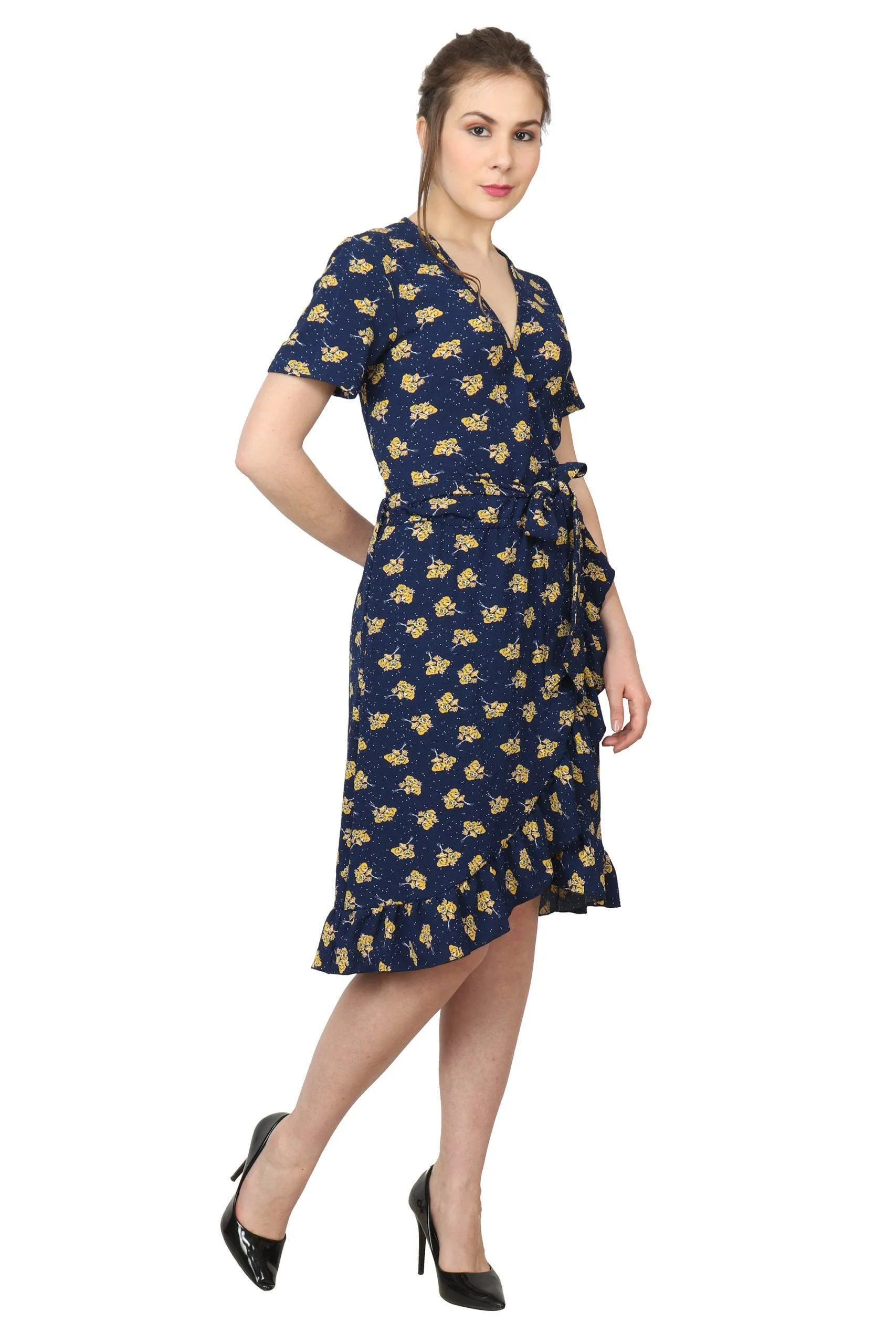 Blue Floral Printed Wrap Dress