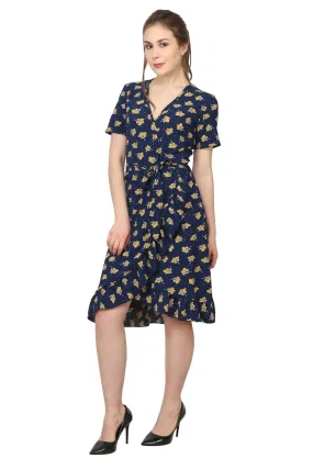 Blue Floral Printed Wrap Dress