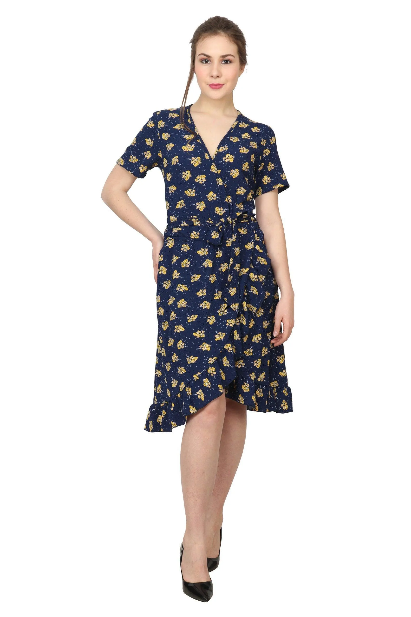 Blue Floral Printed Wrap Dress