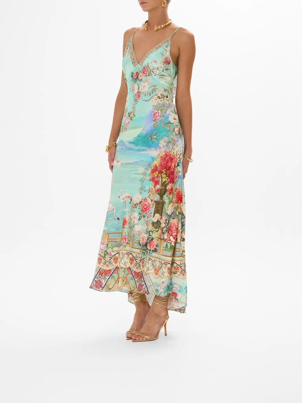 Camilla V Neck Bias Slip Dress With Back Frill - The Jewellery Museum