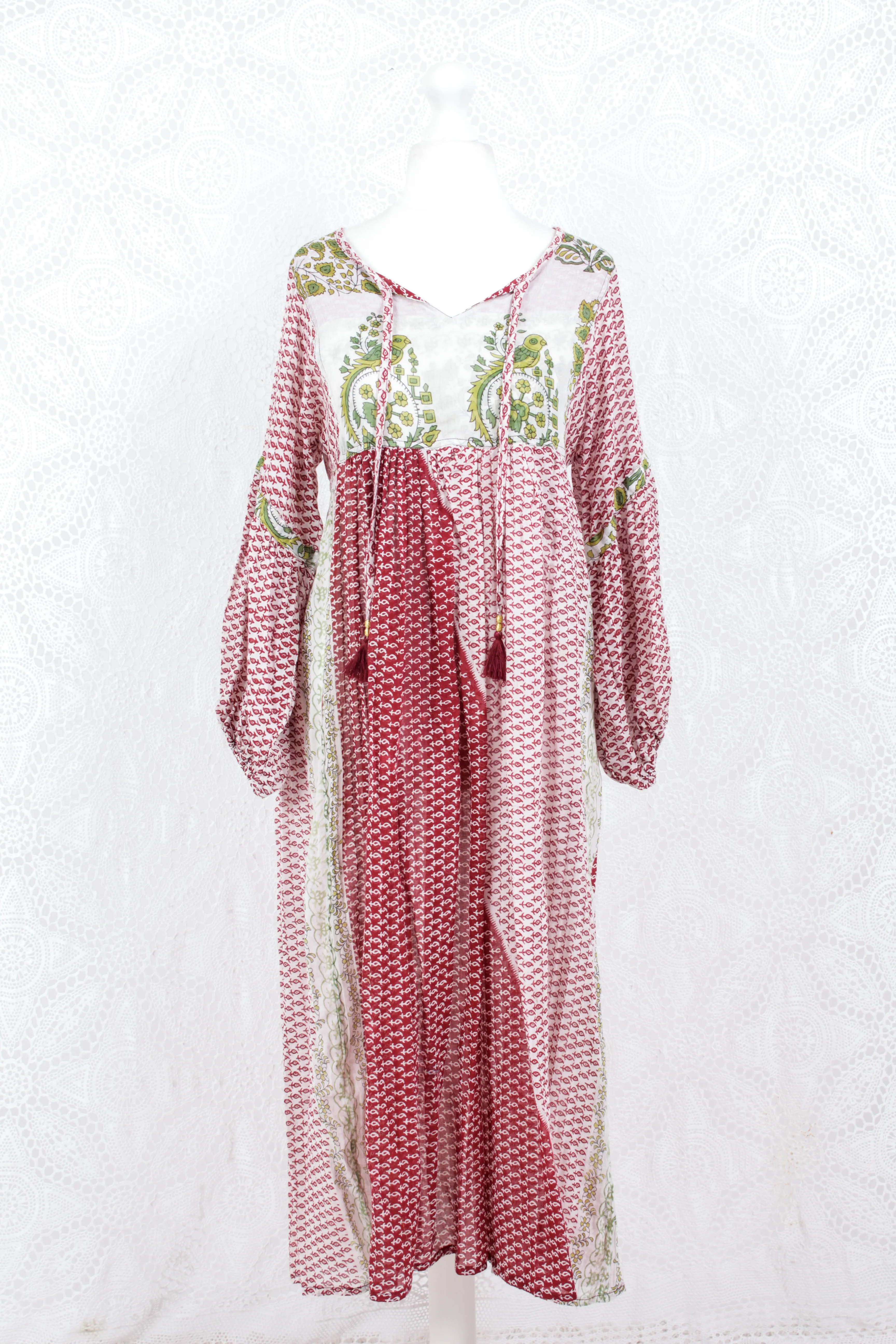 Daisy Midi Smock Dress - Vintage Indian Cotton - Sheer White & Ruby - XS