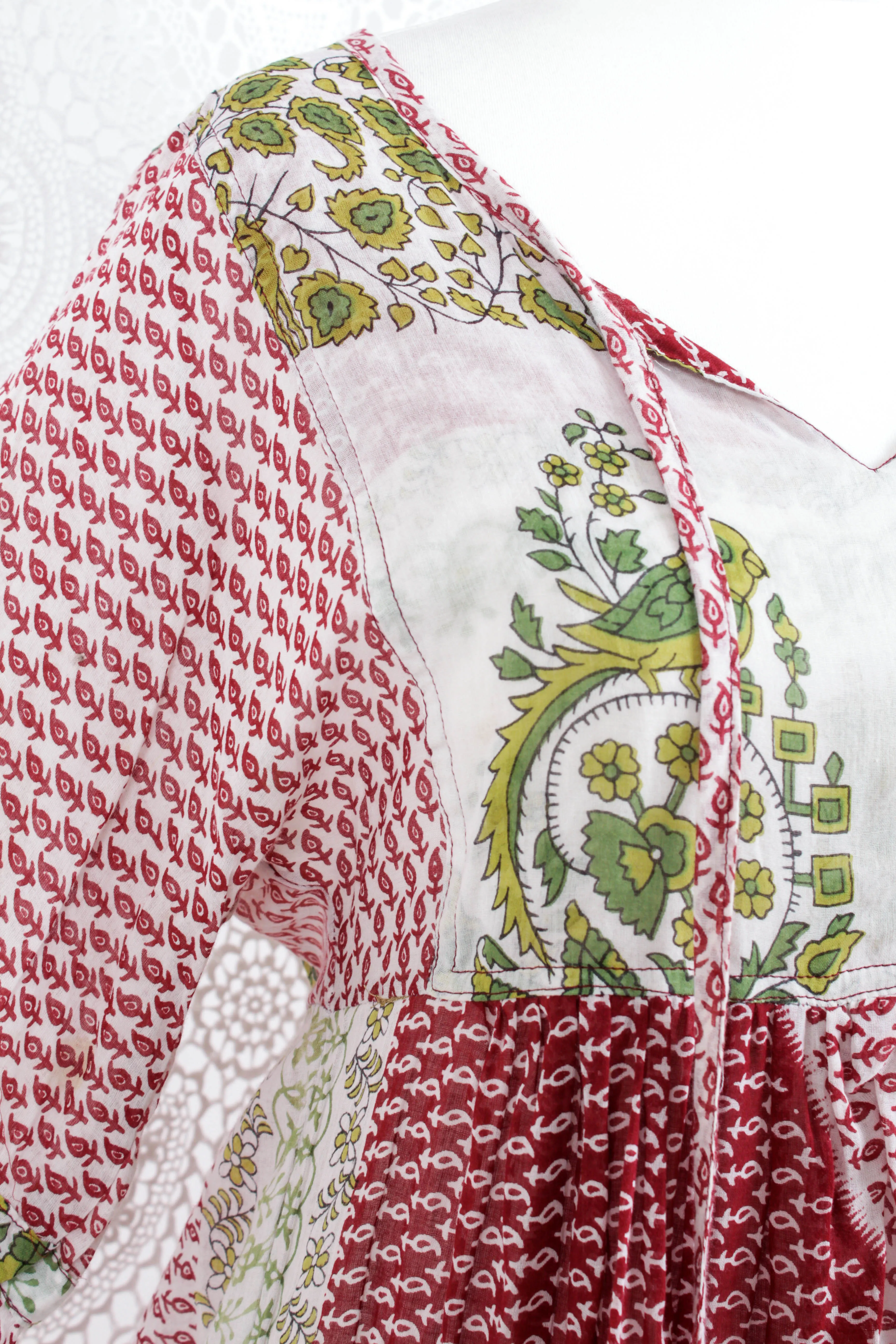 Daisy Midi Smock Dress - Vintage Indian Cotton - Sheer White & Ruby - XS