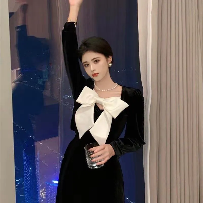 Elegant Velvet Puff Sleeve Evening Gown Big Bow Black Velvet Dress Midi Party Dress