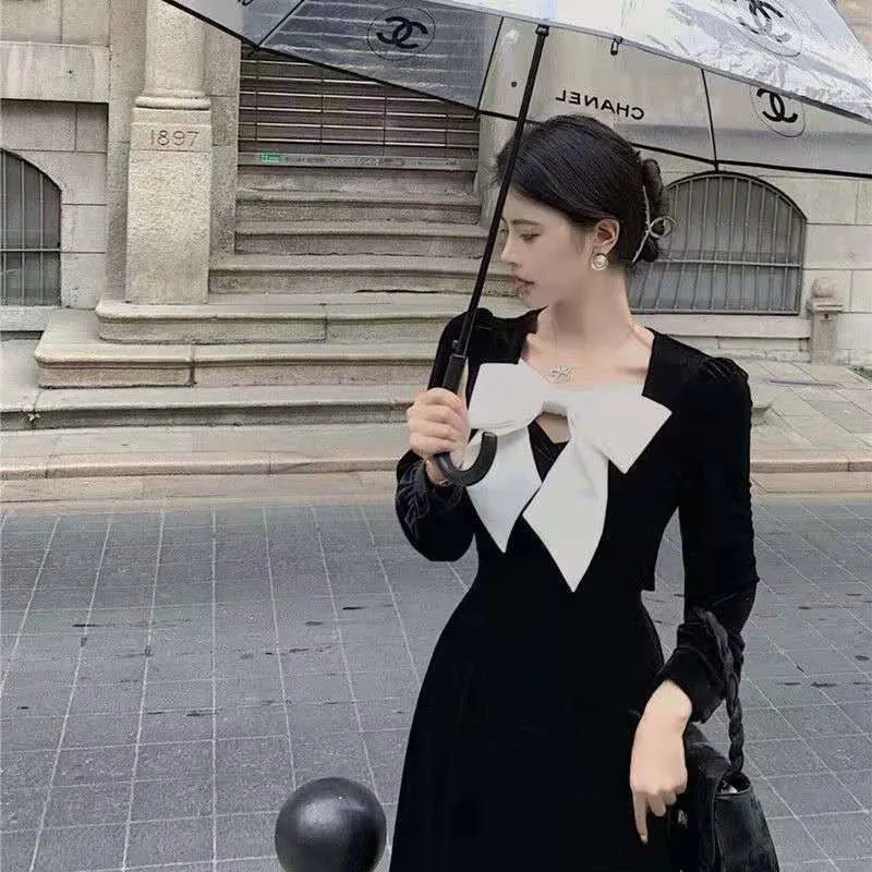 Elegant Velvet Puff Sleeve Evening Gown Big Bow Black Velvet Dress Midi Party Dress