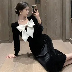 Elegant Velvet Puff Sleeve Evening Gown Big Bow Black Velvet Dress Midi Party Dress