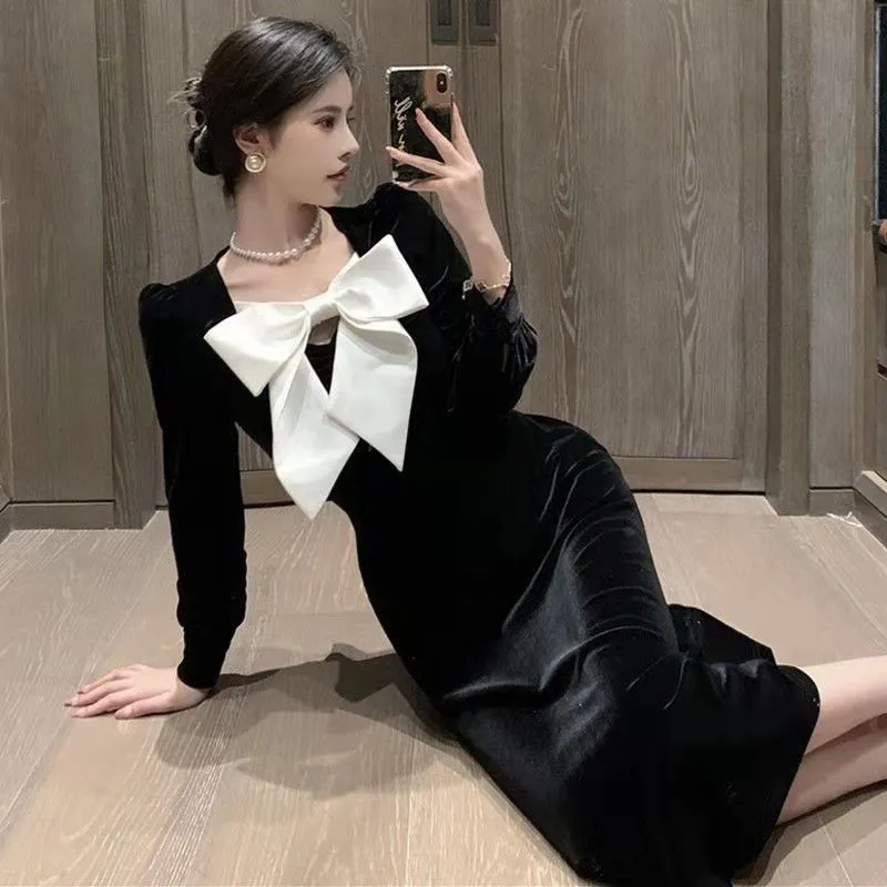 Elegant Velvet Puff Sleeve Evening Gown Big Bow Black Velvet Dress Midi Party Dress