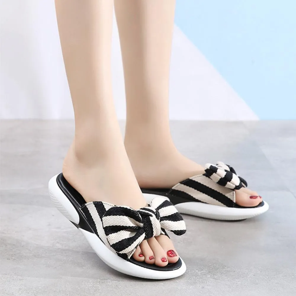 Fashion Open Toe Wedges Bowties Stripe Slides Slippers