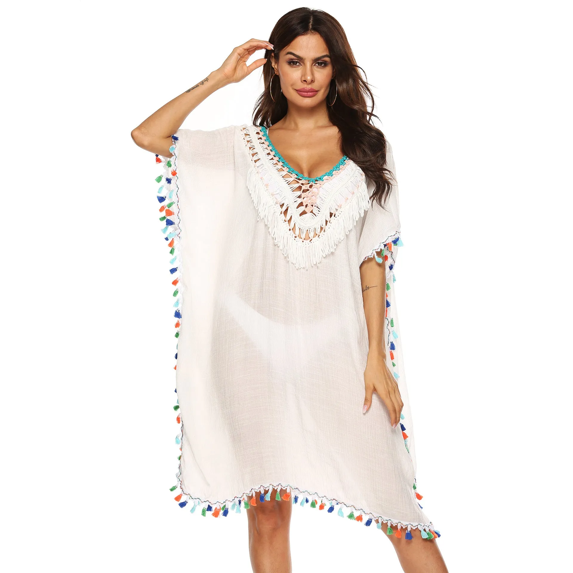 Irregular Hand Crocheting Stitching Multicolored Tassel Deep V Sexy Loose Beach Bikini Blouse Backless Dress Female A1160
