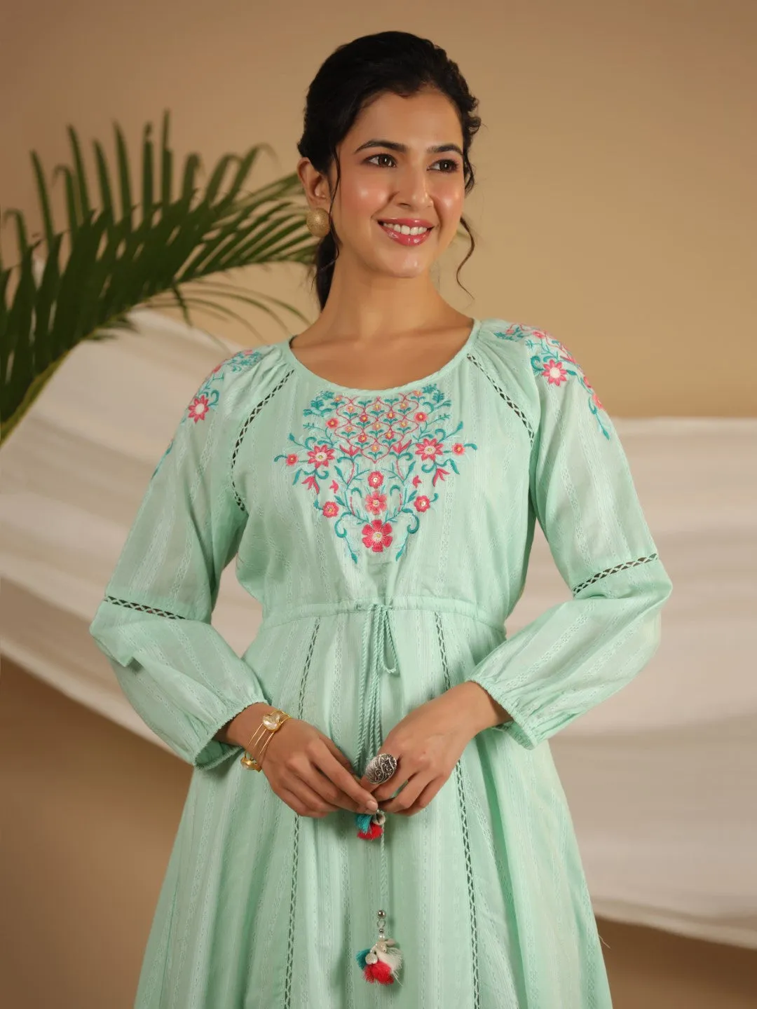 Jashvi Green Floral Embroidered Cotton Dobby Tiered Maxi Dress With Kaudis & Colourful Tassels
