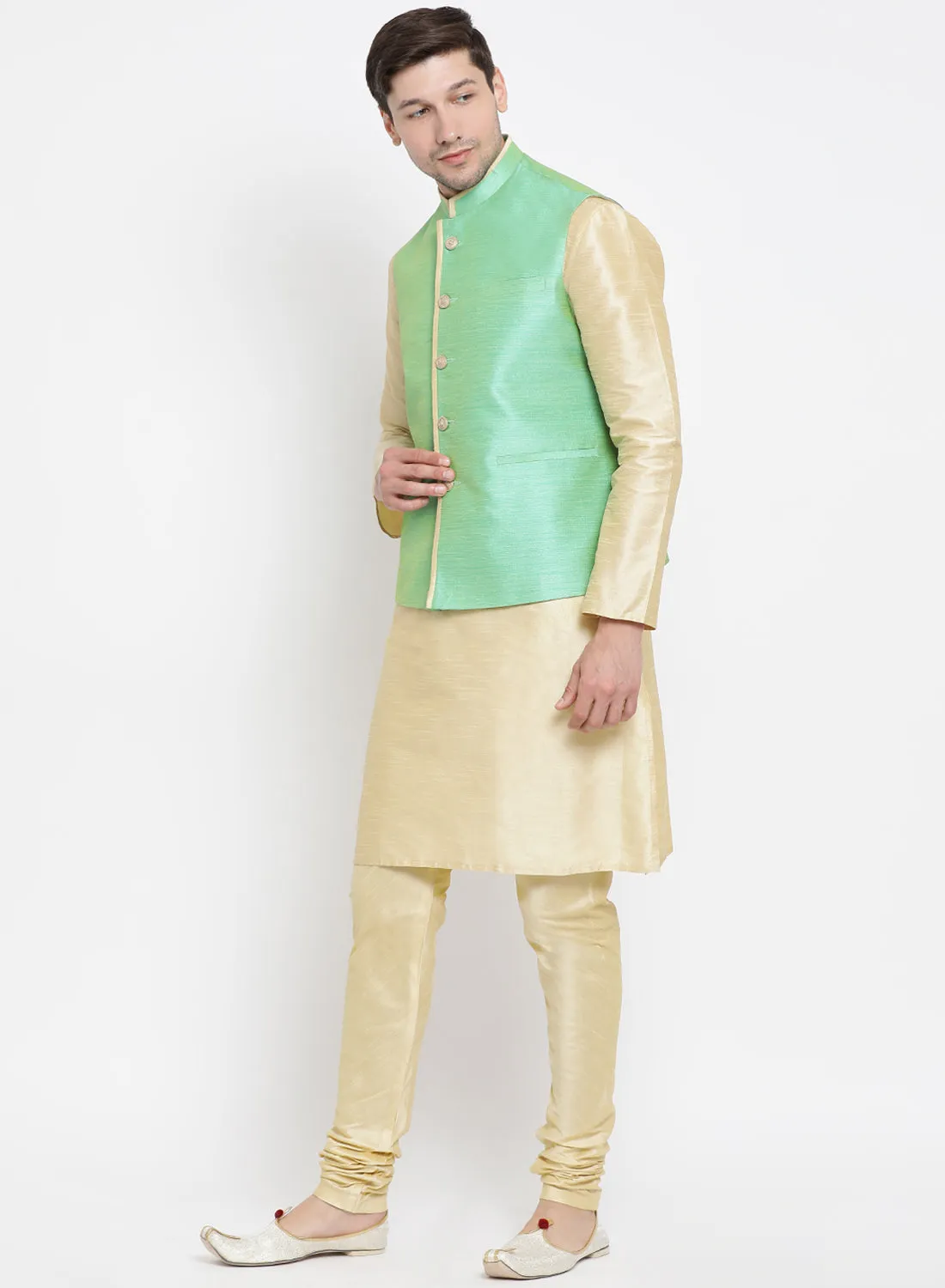 Jashvi Men's Cream Cotton Silk Blend Kurta, Nehru Jacket and Pyjama Set