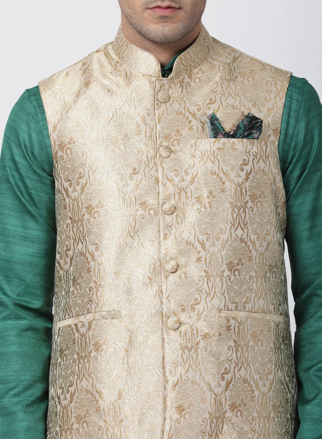 Jashvi Men's Green Cotton Silk Blend Kurta, Nehru Jacket and Pyjama Set