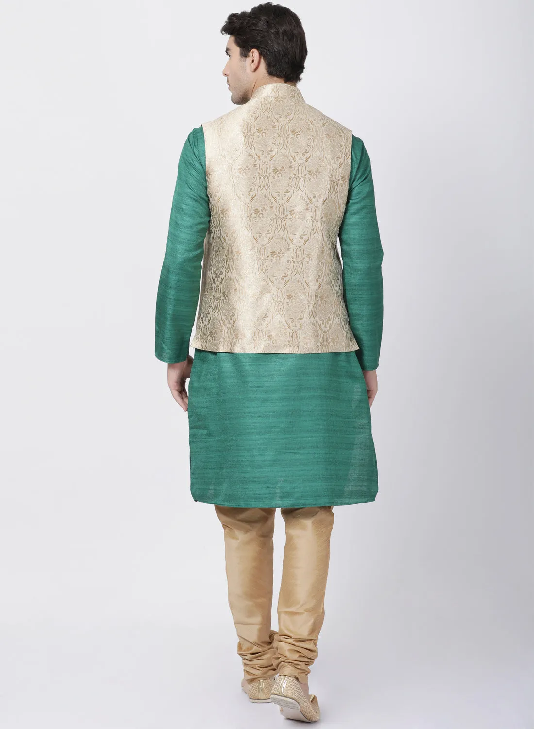 Jashvi Men's Green Cotton Silk Blend Kurta, Nehru Jacket and Pyjama Set