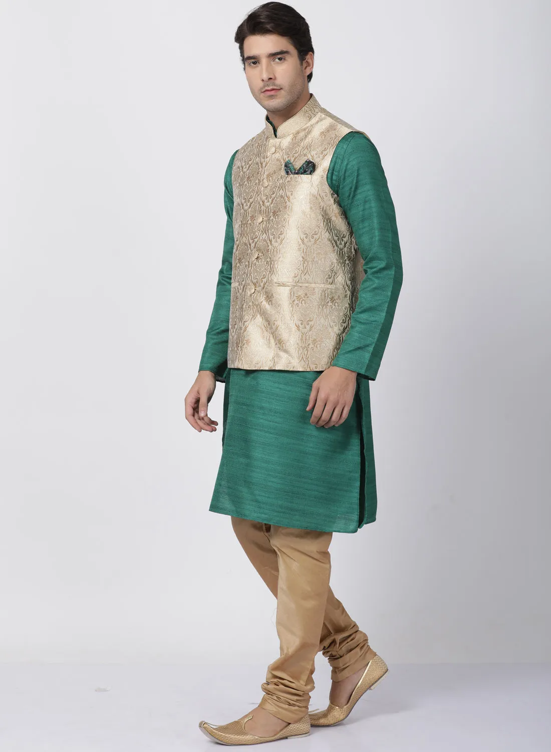 Jashvi Men's Green Cotton Silk Blend Kurta, Nehru Jacket and Pyjama Set