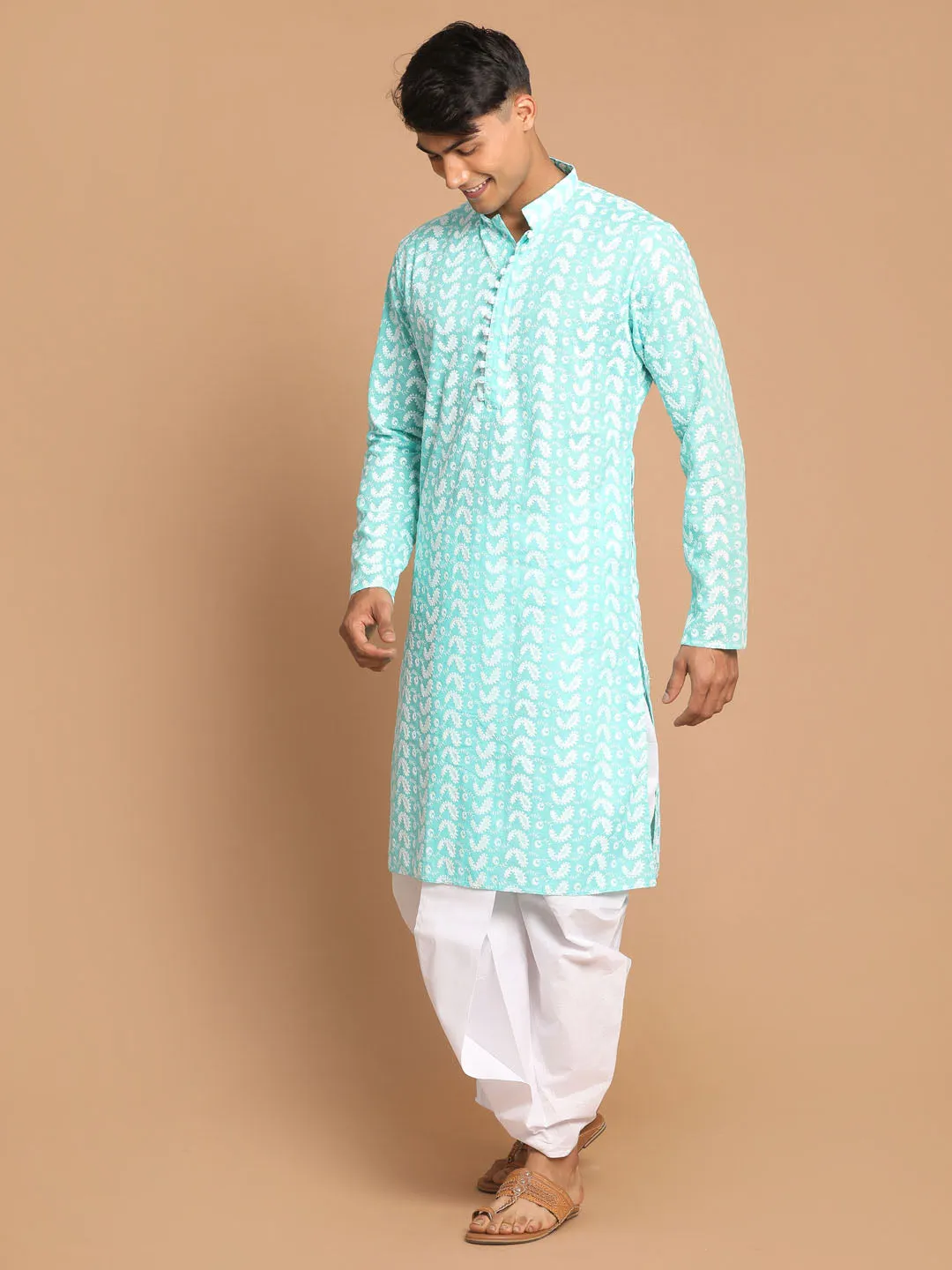 Jashvi Men's Green Pure Cotton Chikankari Kurta With Dhoti set