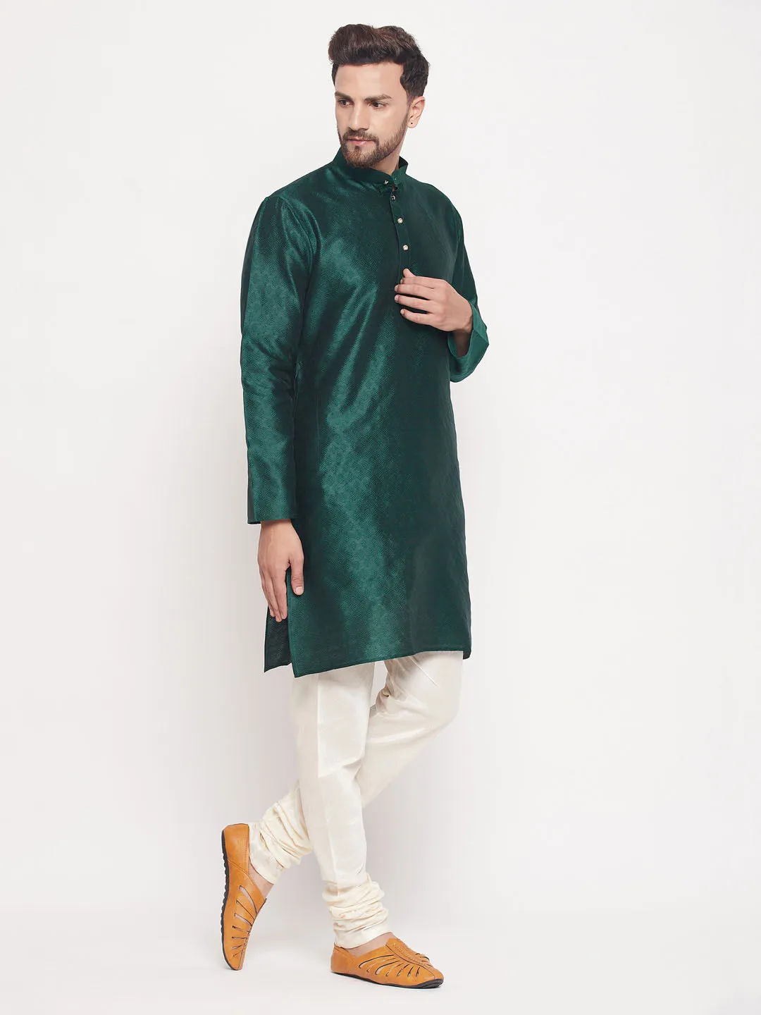 Jashvi Men's Green Woven Kurta Pyjama Set
