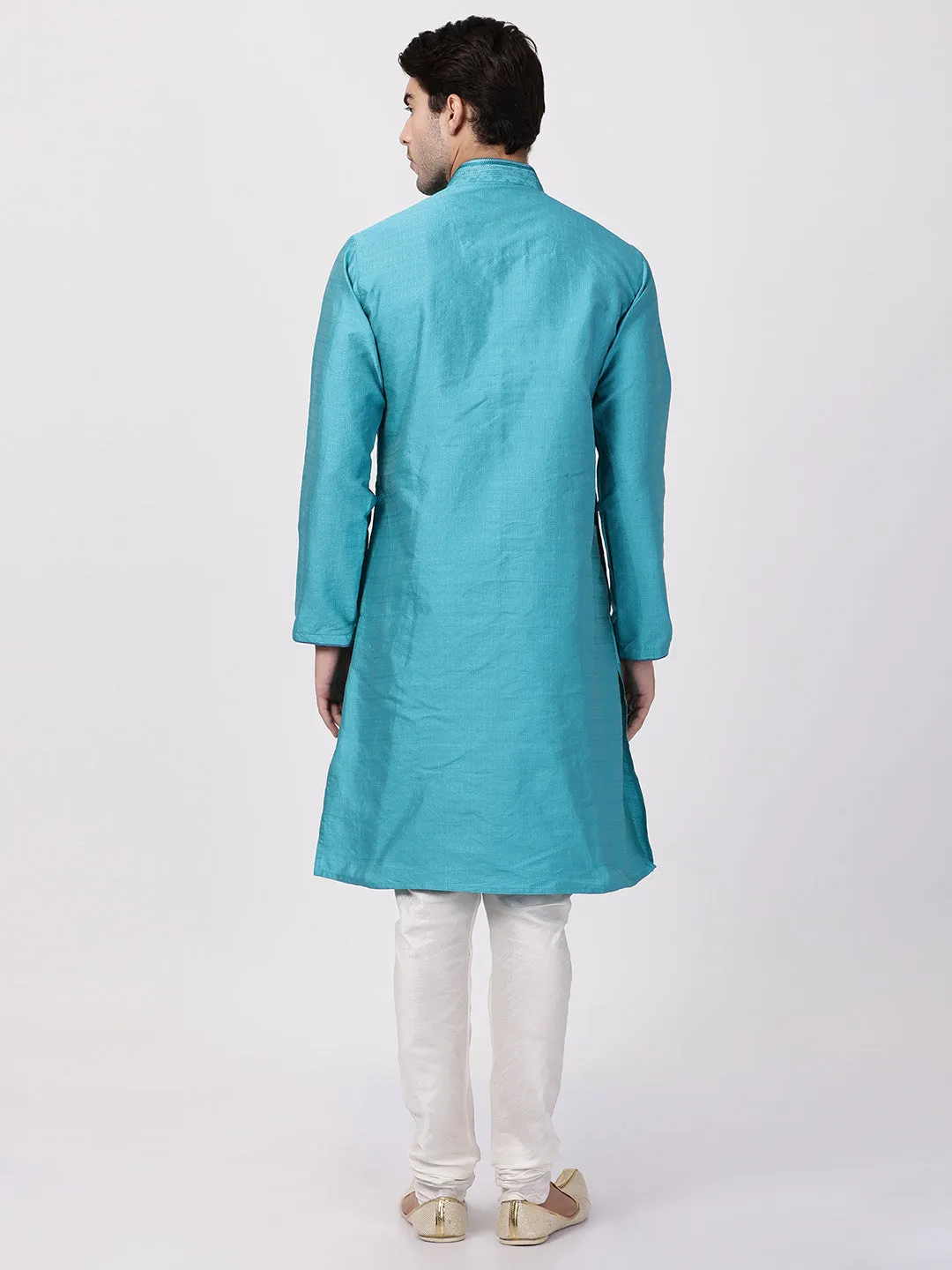 Jashvi Men's Light Blue Cotton Silk Blend Kurta and Churidar Set