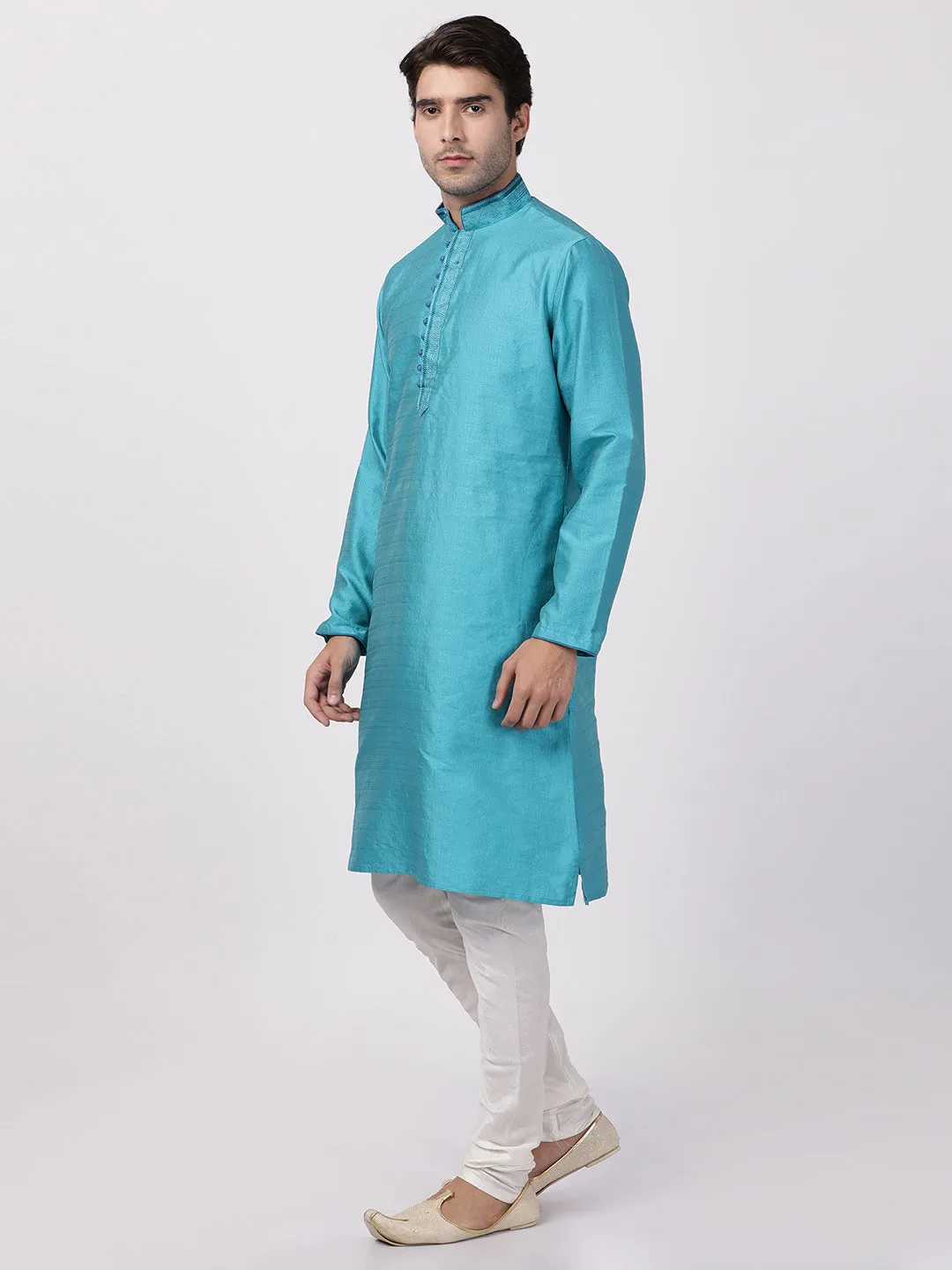 Jashvi Men's Light Blue Cotton Silk Blend Kurta and Churidar Set