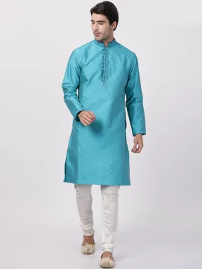 Jashvi Men's Light Blue Cotton Silk Blend Kurta and Churidar Set