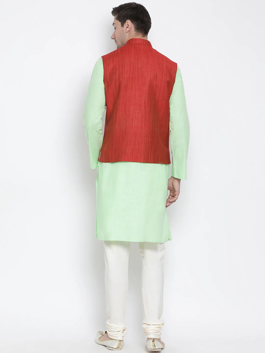 Jashvi Men's Light Green Cotton Blend Kurta, Ethnic Jacket and Pyjama Set