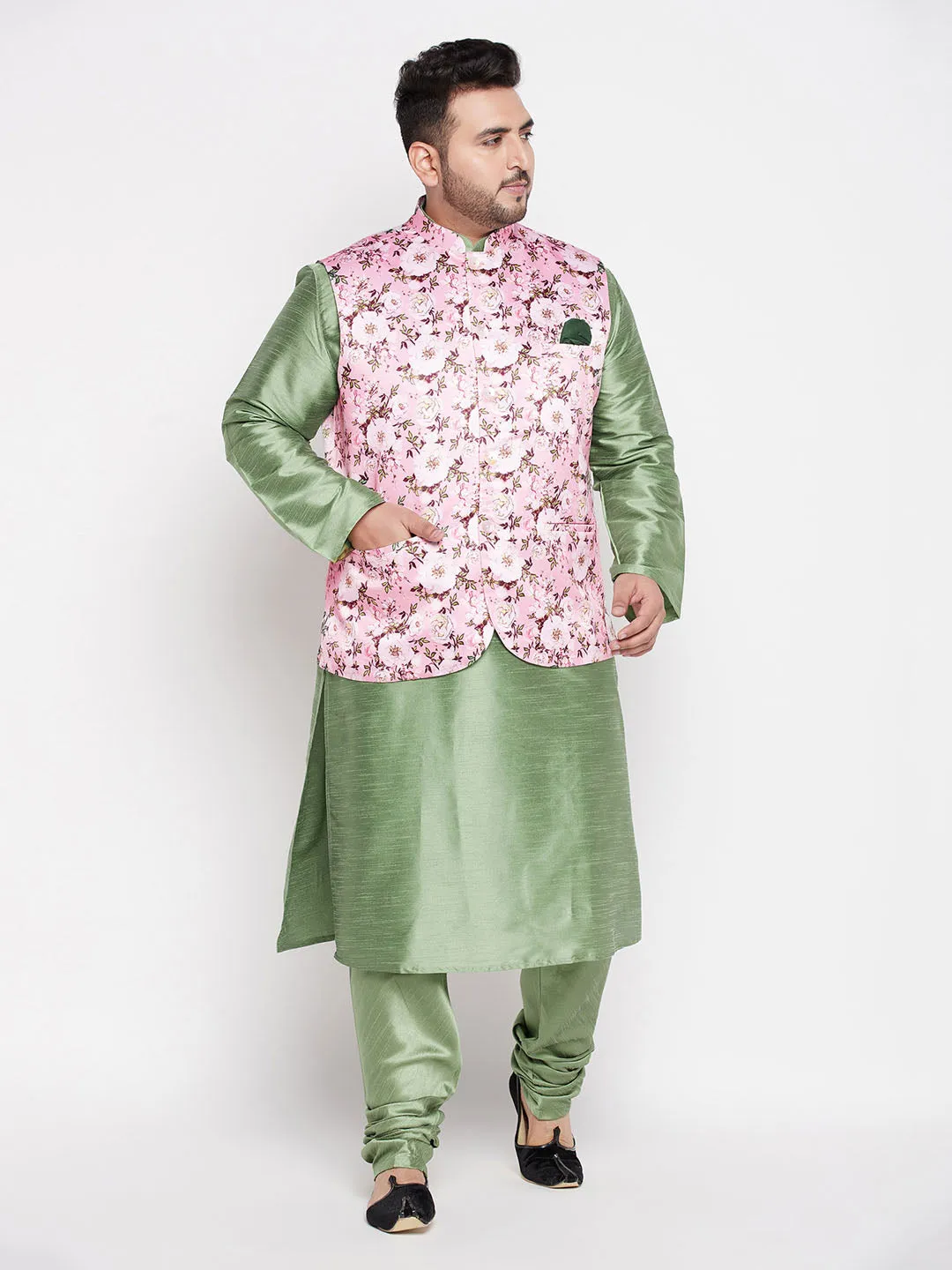 Jashvi Men's Plus Size Pink Floral printed Jacket With Mint Green Solid Kurta Pyjama Set