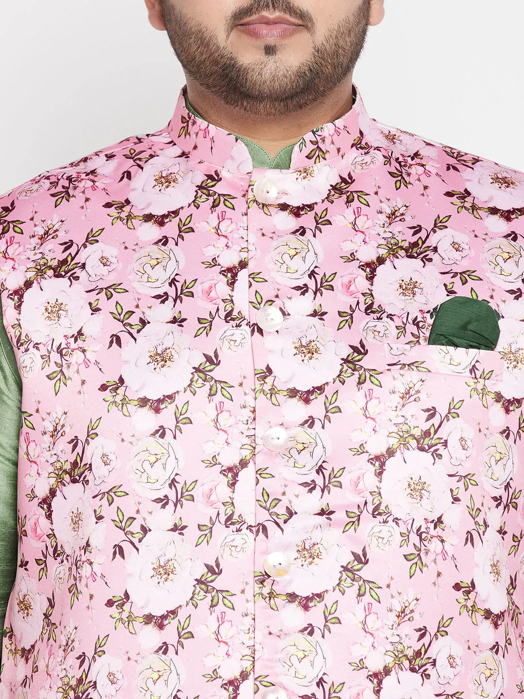 Jashvi Men's Plus Size Pink Floral printed Jacket With Mint Green Solid Kurta Pyjama Set