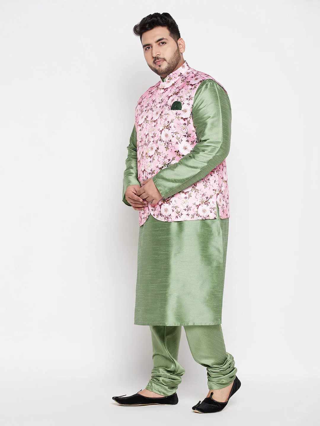 Jashvi Men's Plus Size Pink Floral printed Jacket With Mint Green Solid Kurta Pyjama Set