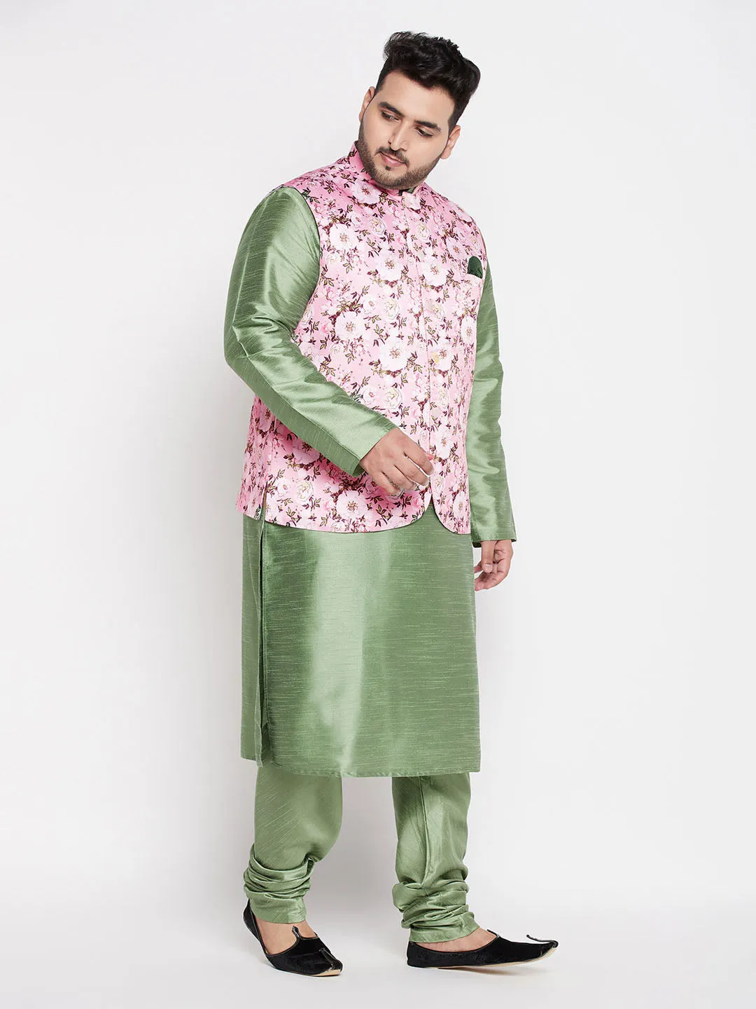 Jashvi Men's Plus Size Pink Floral printed Jacket With Mint Green Solid Kurta Pyjama Set