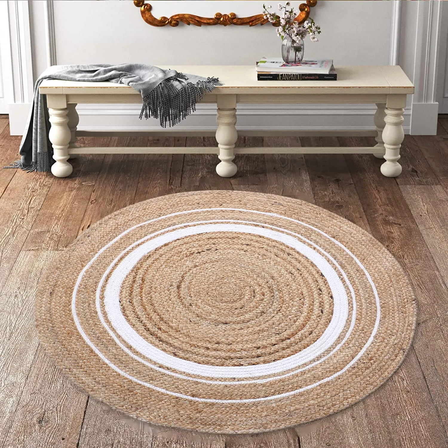 Kuber Industries Hand Woven Braided Carpet Rugs|Non-Slip Round Traditional Spiral Design Jute Door mat|Mat for Bedroom,Living Room,Dining Room,Yoga,71x71 cm,(White)