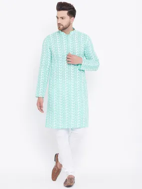 Men's Green and White Chikankari Kurta Pyjama Set - Vastramay