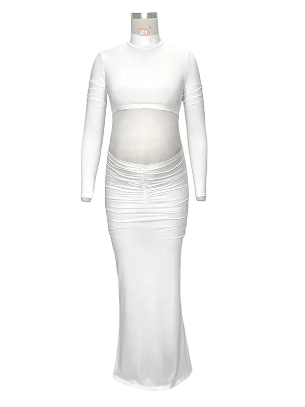 Momyknows Solid Color Ruffle High Neck Crop Top 2-in-1 Long Sleeve Bodycon Club Party Photoshoot Maternity Maxi Dress
