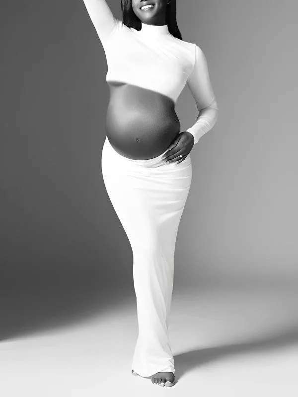 Momyknows Solid Color Ruffle High Neck Crop Top 2-in-1 Long Sleeve Bodycon Club Party Photoshoot Maternity Maxi Dress