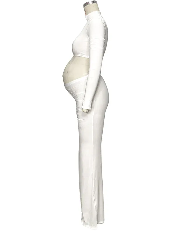 Momyknows Solid Color Ruffle High Neck Crop Top 2-in-1 Long Sleeve Bodycon Club Party Photoshoot Maternity Maxi Dress