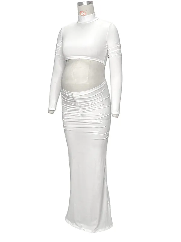 Momyknows Solid Color Ruffle High Neck Crop Top 2-in-1 Long Sleeve Bodycon Club Party Photoshoot Maternity Maxi Dress
