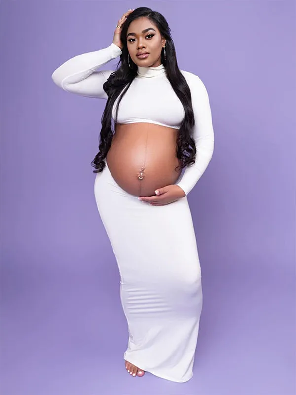 Momyknows Solid Color Ruffle High Neck Crop Top 2-in-1 Long Sleeve Bodycon Club Party Photoshoot Maternity Maxi Dress