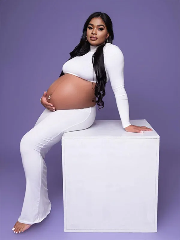 Momyknows Solid Color Ruffle High Neck Crop Top 2-in-1 Long Sleeve Bodycon Club Party Photoshoot Maternity Maxi Dress