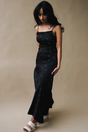 PRINTED SATIN RUCHED LONG SLIP DRESS