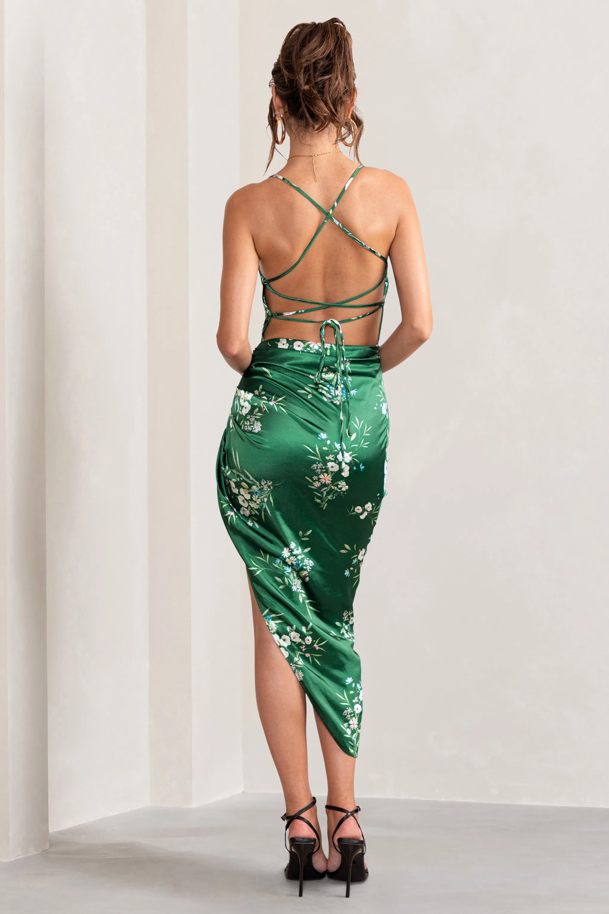 Risk It All | Green Floral Print Cami Cowl Neck Satin Asymmetric Hem Midi Dress