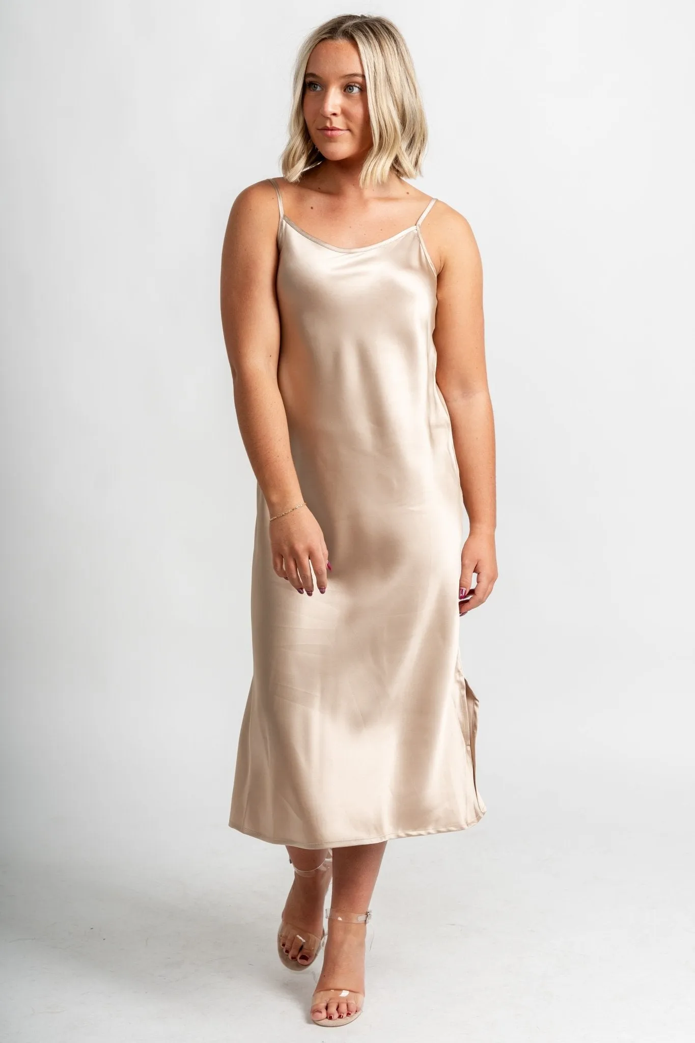Satin slip midi dress taupe
