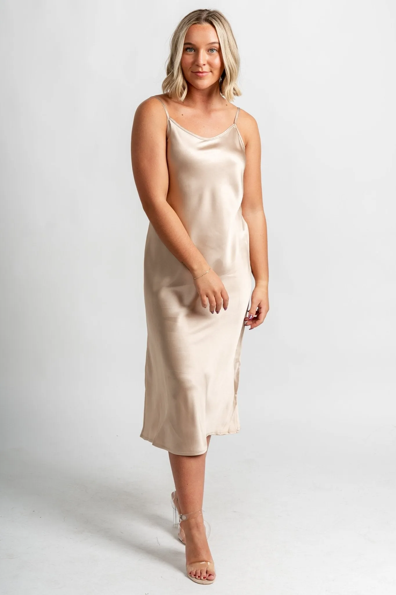 Satin slip midi dress taupe