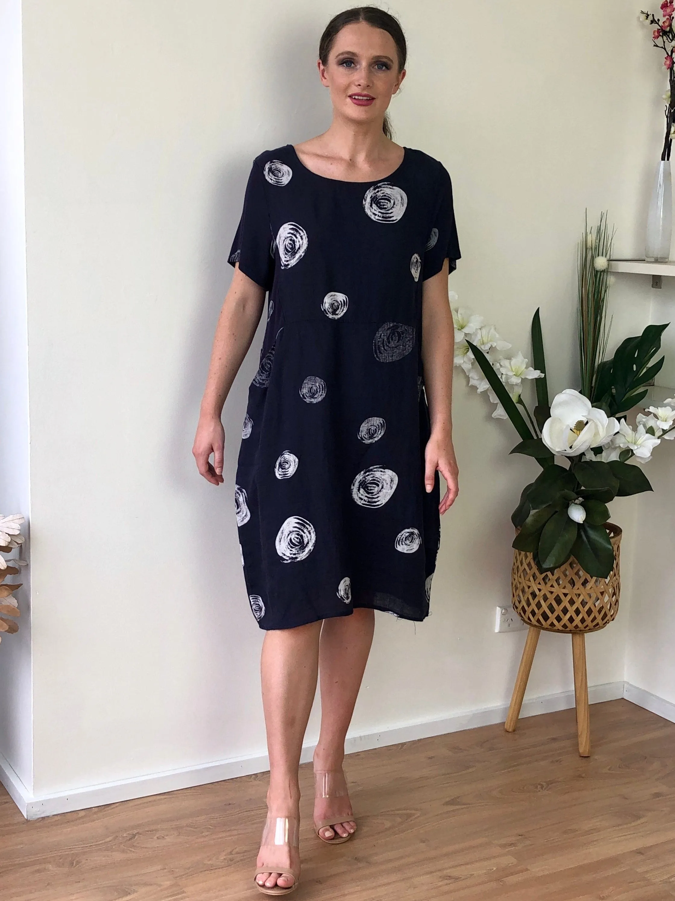 Sicily Navy Swirl Linen Dress