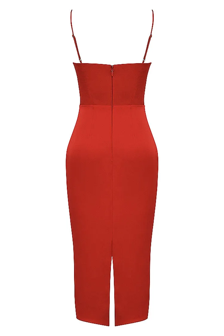 Silky Satin Square Neck Cami Slip Cocktail Party Midi Dress - Red