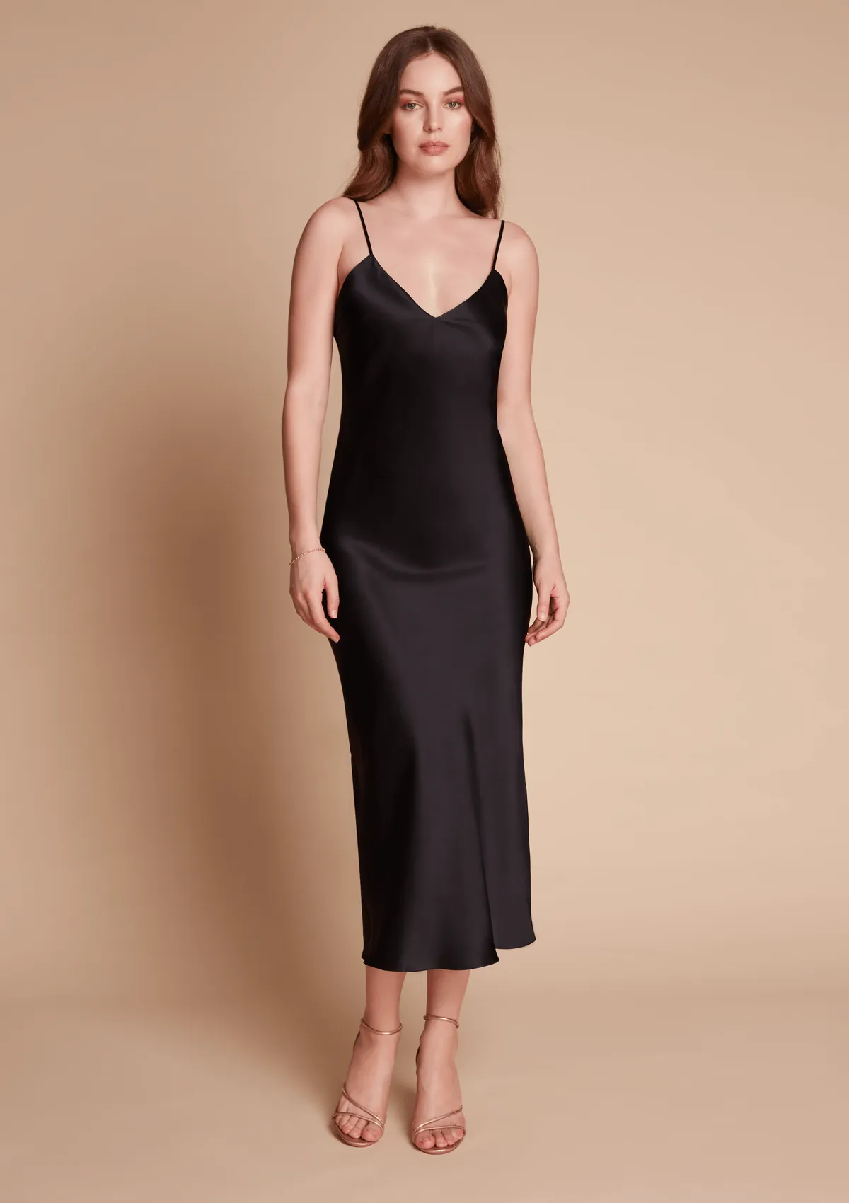 Sophia Midi Silk Slip Dress in Black