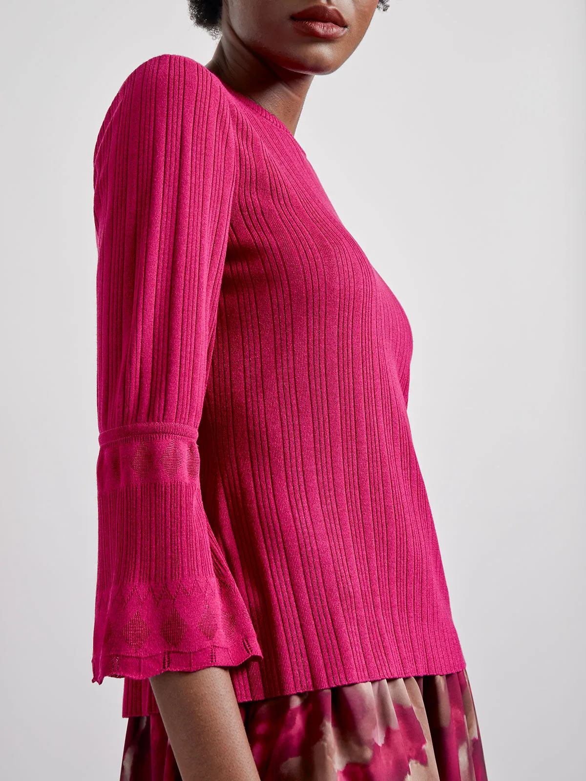 Tonal Ribbed Knit Bell Sleeve Top