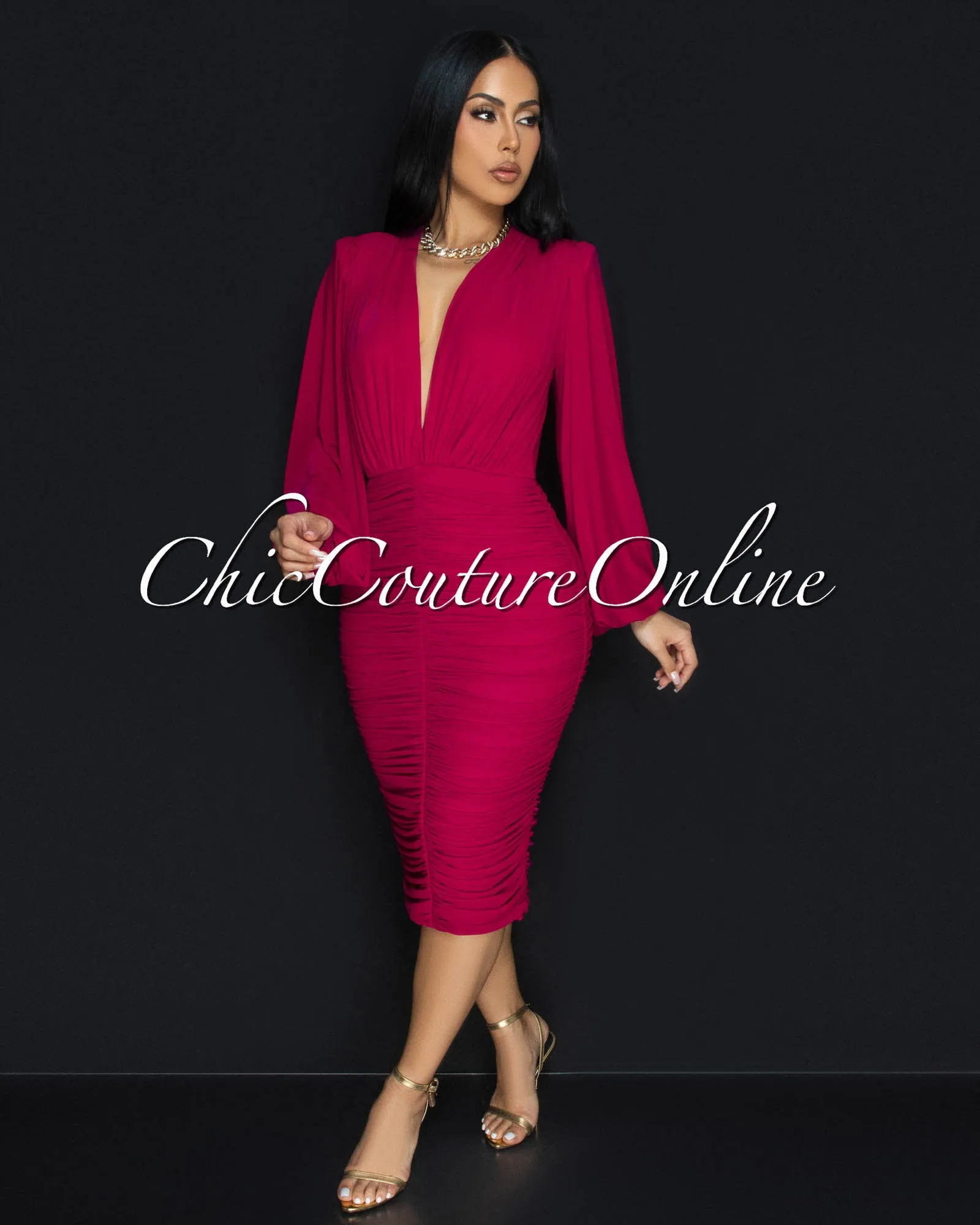Vanica Magenta Mesh Overlay Plunging V-Neck Midi Dress  (PRE-ORDER)
