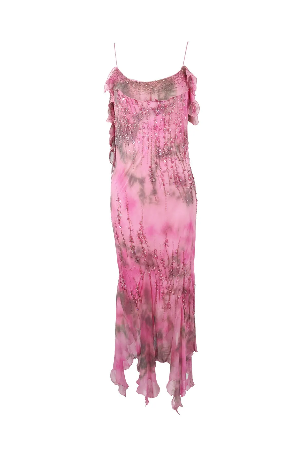 Vintage Pink Silk Beaded Ruffled Tie Dye Slip Dress, 1990s